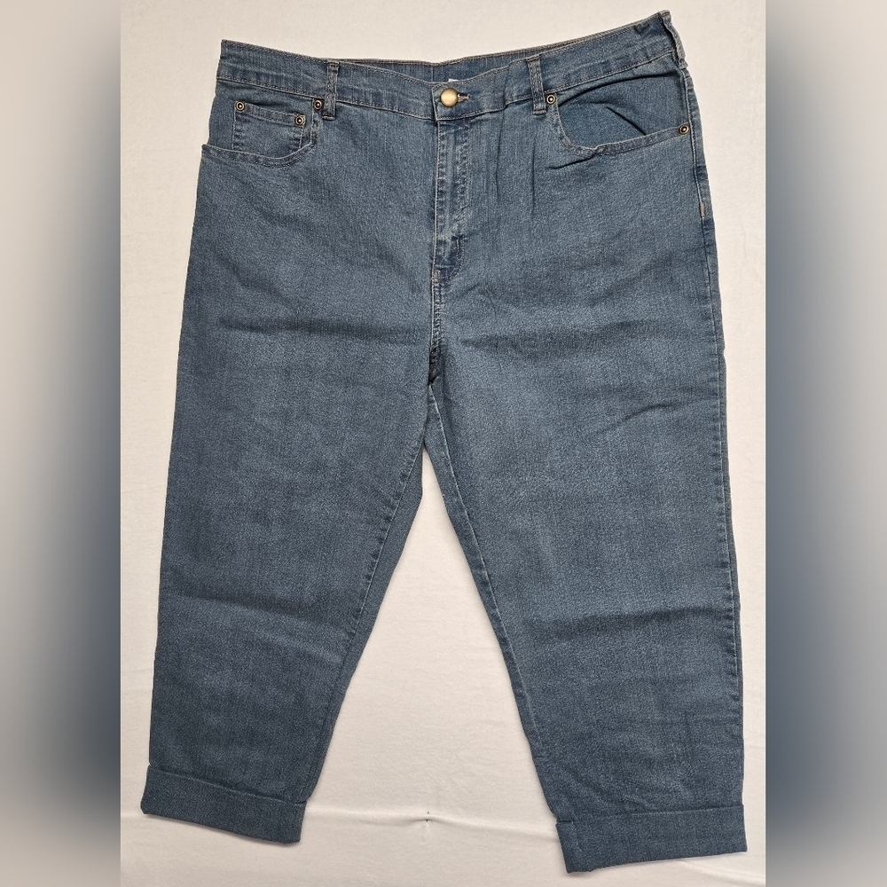 American Sweetheart 16P Denim Jeans Cropped Capri Cuffed Zipper Fly High Waist
